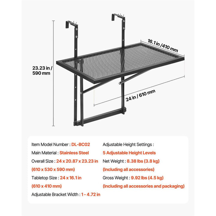 YYAo Outdoor Metal Balcony Table 19x24, Patio Rail Table with Adjustable Design, Perfect for Deck Seating, Durable & Stylish Outdoor Dining