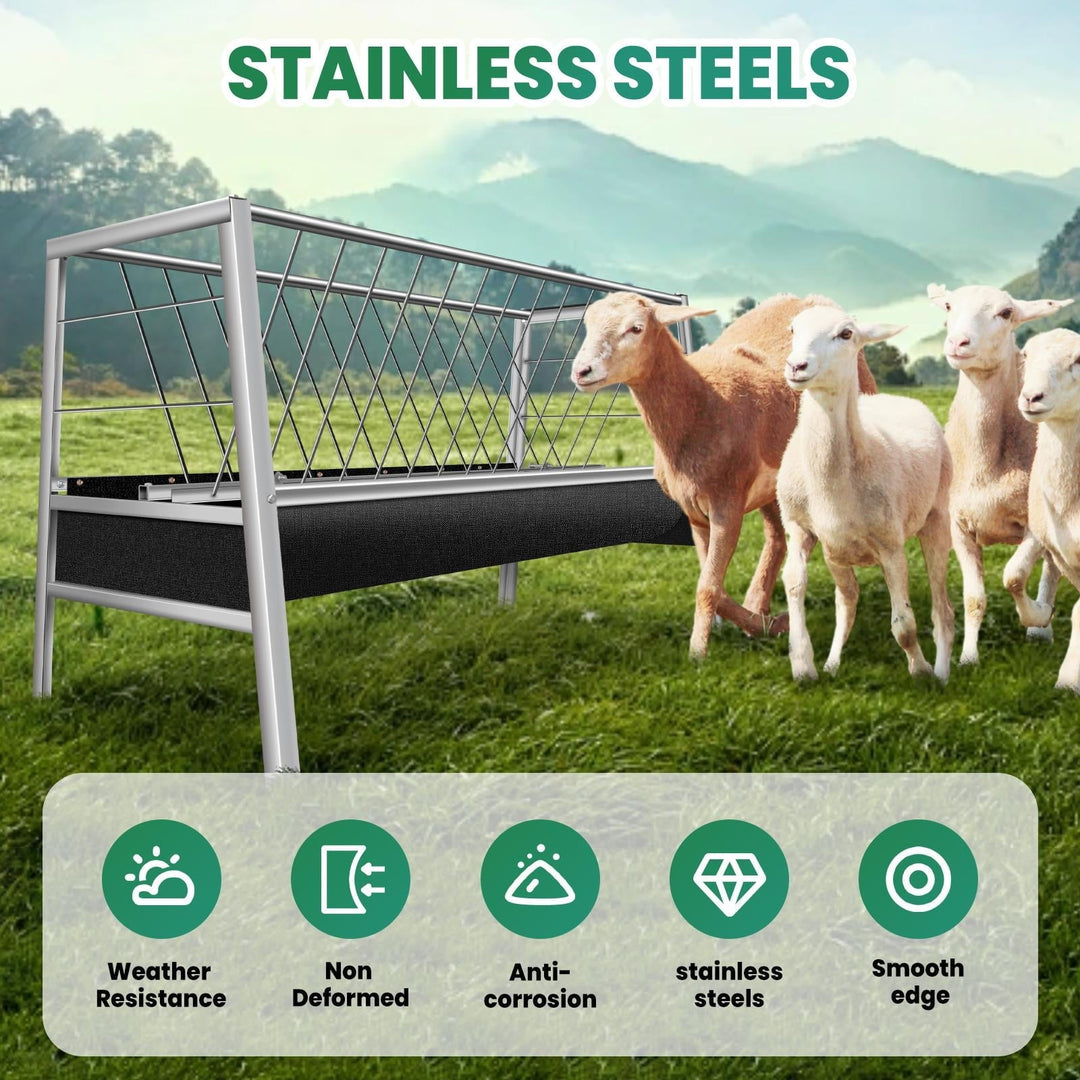 2 in 1 Goat Hay Feeder - 77 Gallon Stainless Steel with Rubber Grooves Livestock Feeder for Goats, Sheep & Horses - Durable Farm Animal Feeding Solution with Large Capacity & Rust-Resistant Design