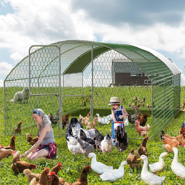 Lumiparty Extra Large Metal Chicken Coop, Walking Poultry Cage Hen Run House Rabbits Habitat Cage Coops, with Waterproof and Anti-Ultraviolet Cover for Backyard Farm, Silver