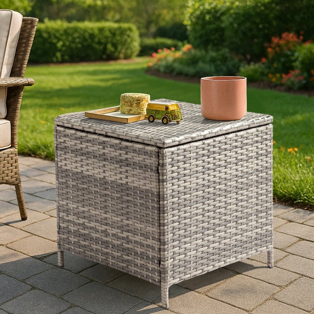 Funnil Outdoor Wicker Side Table for Patio Deck Garden, All-weather Rattan Small Storage Box End Table, Square Resin Coffee Table with Iron Frame, Gray