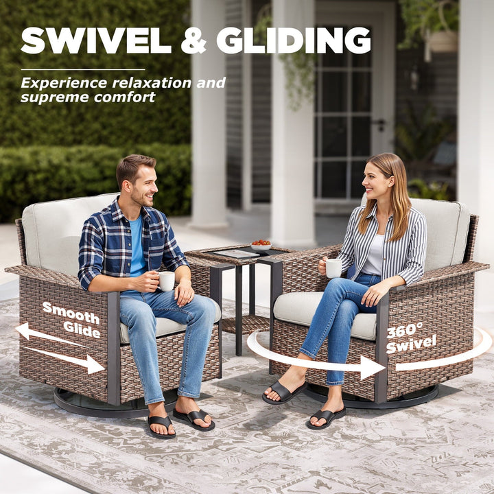 Lumiinofami 6 Pieces Outdoor Patio Conversation Furniture Set - 2 Outdoor Sofa, 2 Wicker Swivel Rocking Glider Chairs and 2 Ottomans, for Garden, Balcony, Porch, Beige