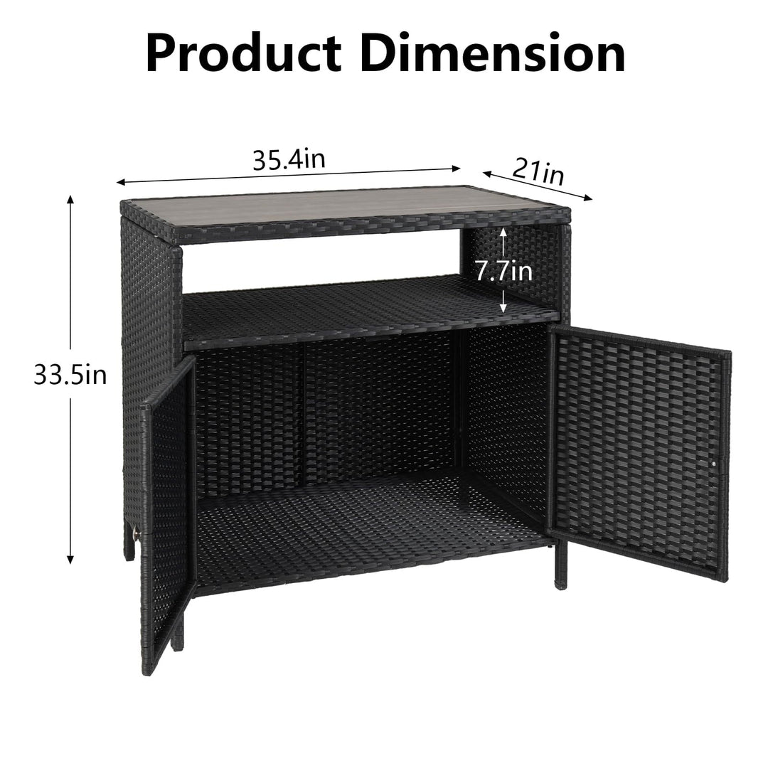 Outdoor Storage Cabinet with Doors, Weatherproof Wicker Patio Storage Box, Rattan Bar Table for Poolside, Backyard & Garden