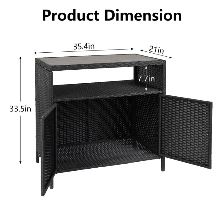 Outdoor Storage Cabinet with Doors, Weatherproof Wicker Patio Storage Box, Rattan Bar Table for Poolside, Backyard & Garden