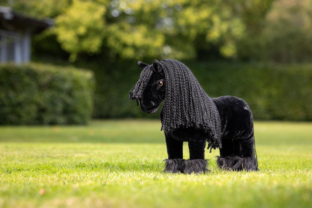 LeMieux Toy Pony - Spike - Reversible Lorry/Stable Carry Case - Crinkly Mane and Fluffy Feathers - Includes Pony Passport - Ages 3+ - Black Friesian - One Size