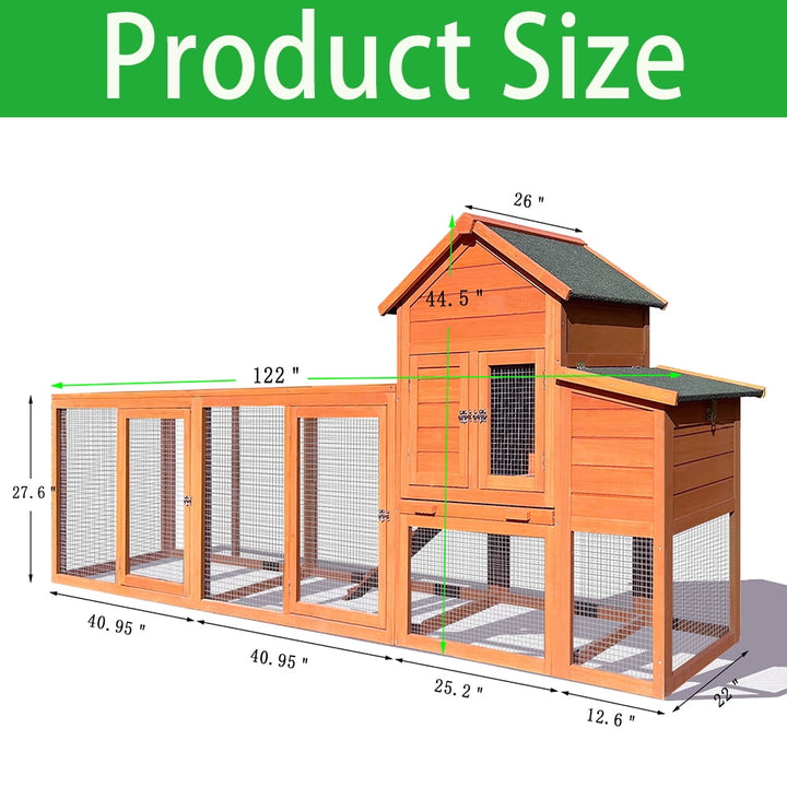MIDOQIN 122" Wooden Chicken Coop, Large Outdoor Hen House with Nesting Box & Wire Fence Waterproof Poultry Cage