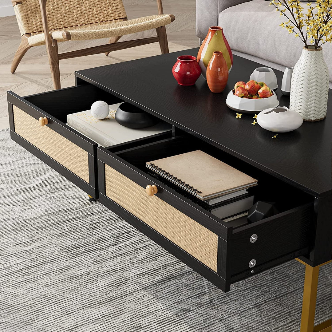 Rattan Coffee Table with 2 Drawer 45.6'' Wood Coffee Table with Storage Boho Dining Table with Rattan Drawer Accent Center Sofa Table with Storage Shelf, Small Coffee Tables for Living Room
