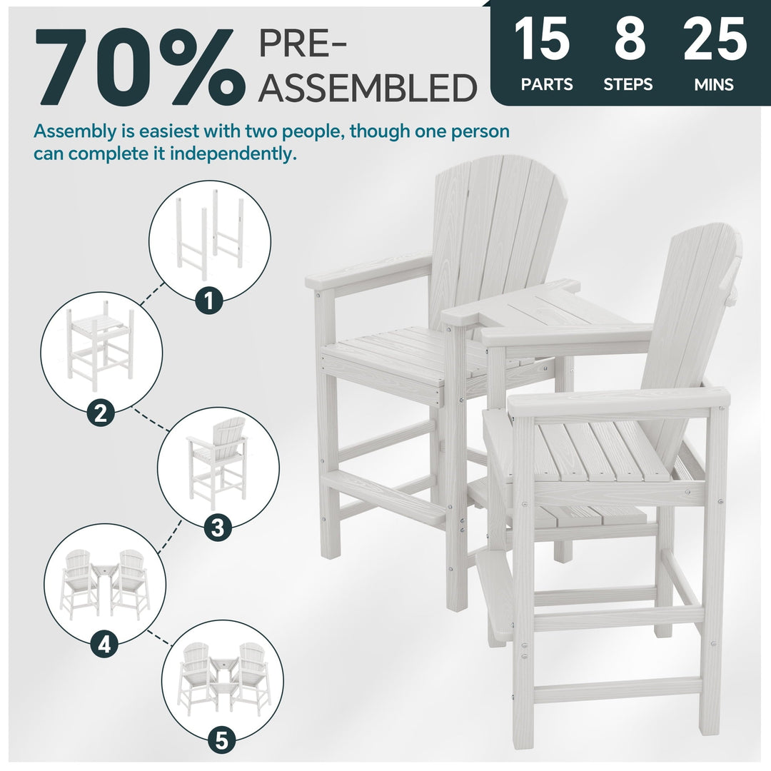 SERWALL Tall Adirondack Chairs Set of 2 with Double Layer Connecting Tray, HDPE Bar Height Outdoor Chairs, for Patio, Balcony, Porch, Pool, White