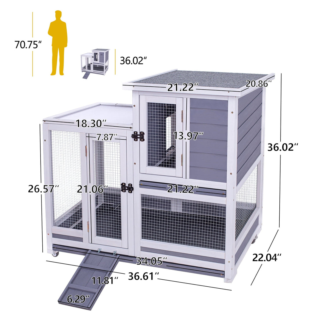 GEGURI Rabbit Hutch, Two-Story Indoor Bunny Cage, Outdoor Guinea Pig Cages for Small Animals with Wheels, Removable Tray