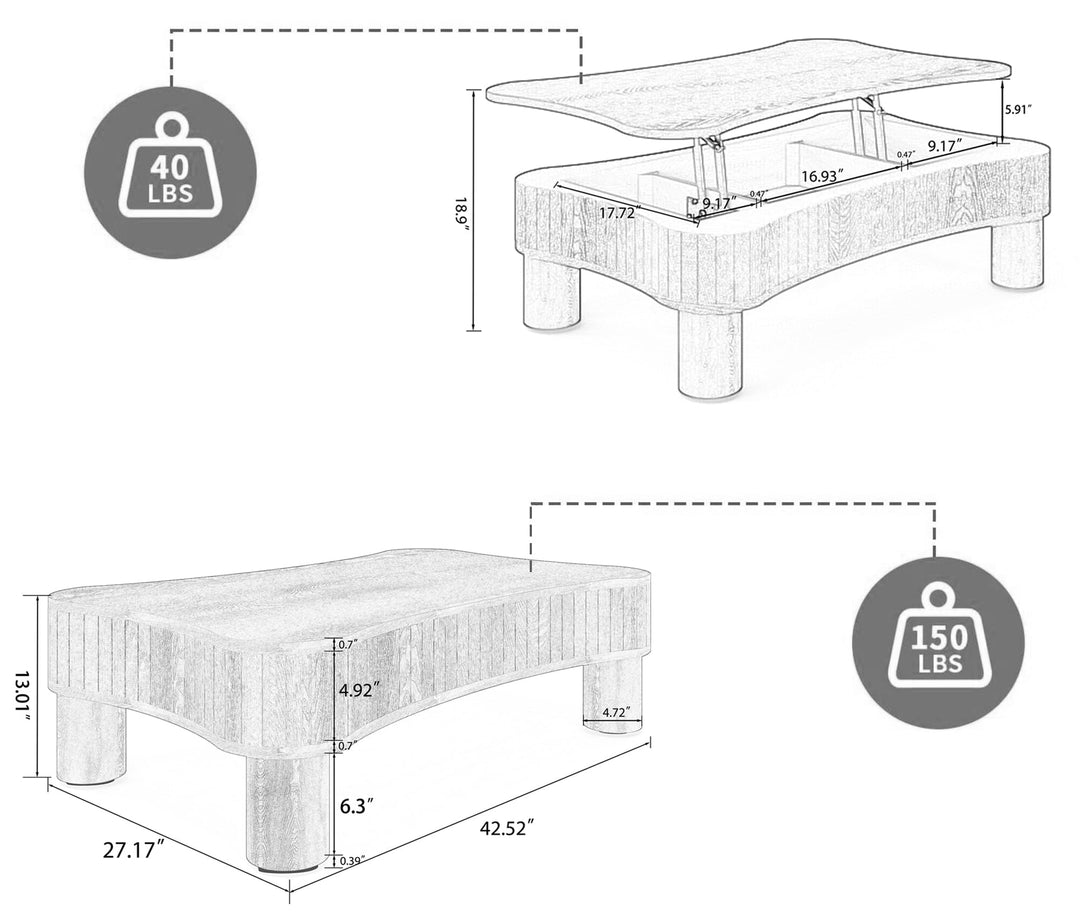 Lift Top Coffee Table for Living Room 42" - Fluted Panel Hidden Storage, Silent Hydraulic Lift, Curved Safety Corners, 5 Min Assembly (27"W X 13-18.9"H, Light Brown)