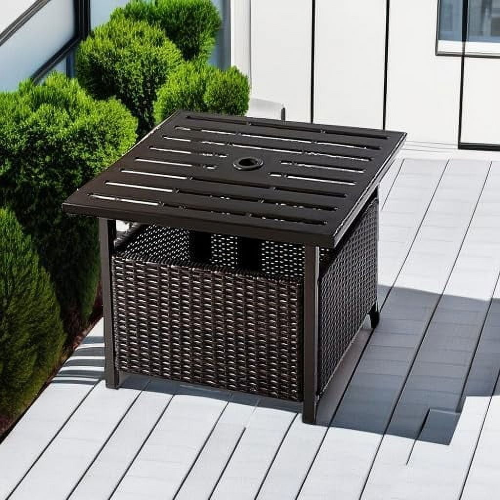 GaoJ Outdoor Side Table with Umbrella Hole, 22" Wicker Umbrella Stand Holder and Base, Weather-Resistant PE Rattan Patio End Table for Deck Garden Poolside (Metal Tabletop, Brown)