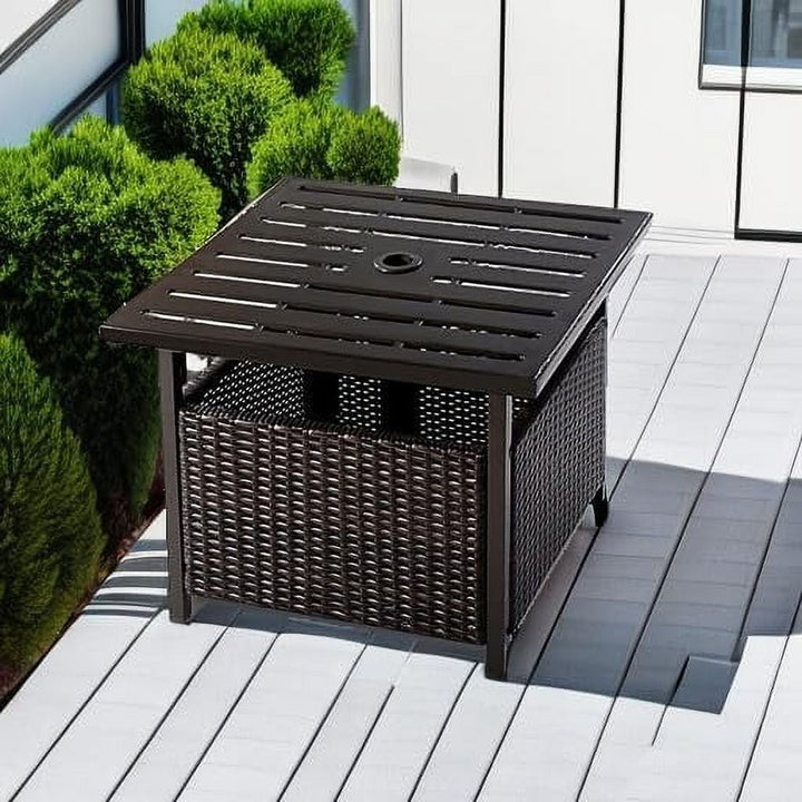 GaoJ Outdoor Side Table with Umbrella Hole, 22" Wicker Umbrella Stand Holder and Base, Weather-Resistant PE Rattan Patio End Table for Deck Garden Poolside (Metal Tabletop, Brown)
