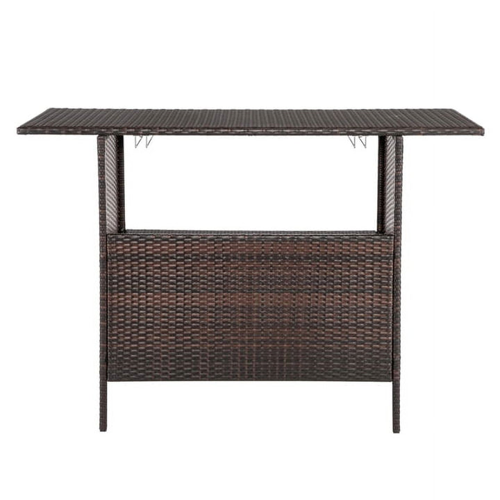 Modern Gradient Rattan Bar Table – Industrial-Style High Table with Stainless Steel Holders (55"L x 18"W x 36"H, Brown Ombre)