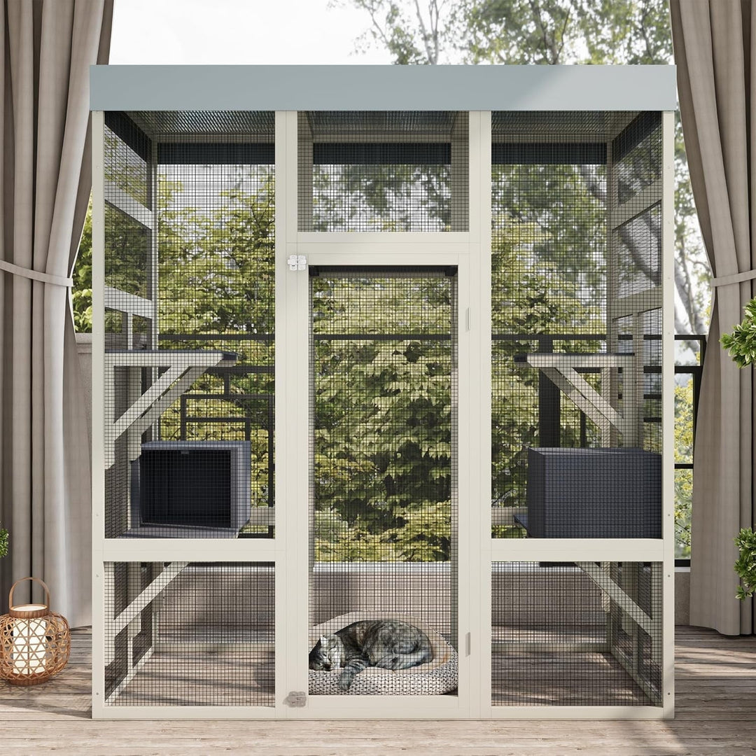 62.6 Inch Outdoor Cat House Big Catio Wooden Cat Shelter with Platforms, with 5 Platforms and 2 Rest Boxes, Upgraded Waterproof Cover, Rust-Proof Wire, Gray