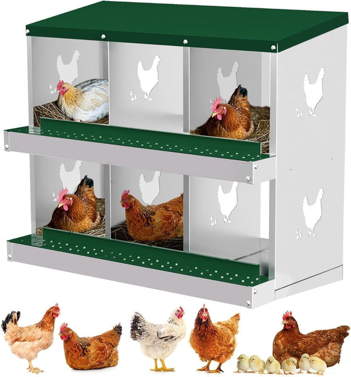 Chicken Nesting Box 6 Compartments Laying Boxes, Metal Chicken Egg Laying Box with Rollout Egg Collection, Large Vented Holes Chicken Coop for Chickens, Hens (Green)