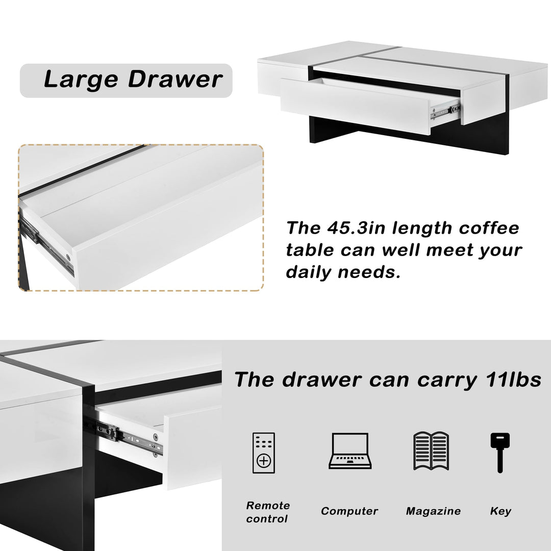 Dovelina Contemporary Rectangle Coffee Table with High Gloss Surface, Modern Center Table for Sofa or Upholstered Chairs, 45.2" x 25.5" x 13.7", White