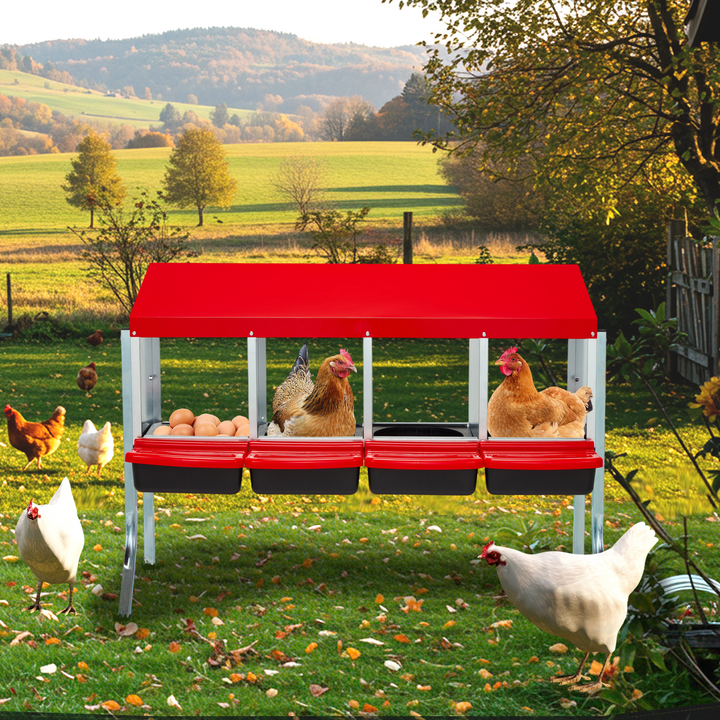EROMMY Chicken Nesting Box, 4 Compartment Metal Chicken Laying Box, Chicken Brooder Box with Egg Collection for Chicken Coop, Wall Mount or Free Standing, Red