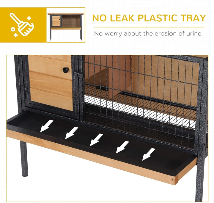 Rabbit Hutch Elevated Bunny Cage Small Animal Habitat with Metal Frame, No Leak Tray, Mtetal Wire Pan and Openable Water-Resistant Asphalt Roof for Indoor/Outdoor Natural Wood