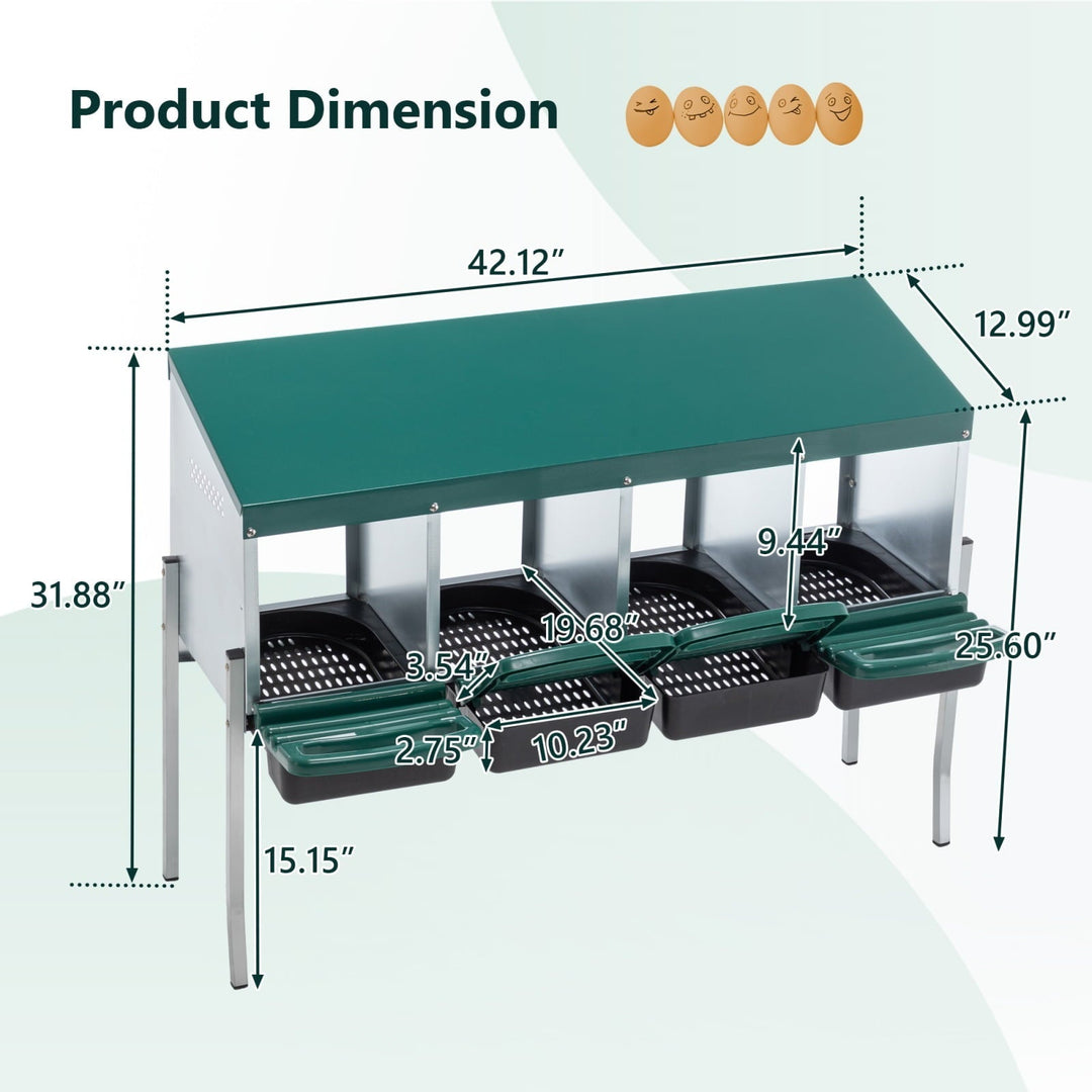 4-Hole Chicken Nesting Box with Legs & Cover - Galvanized Steel Rollaway Egg Collector for Hens