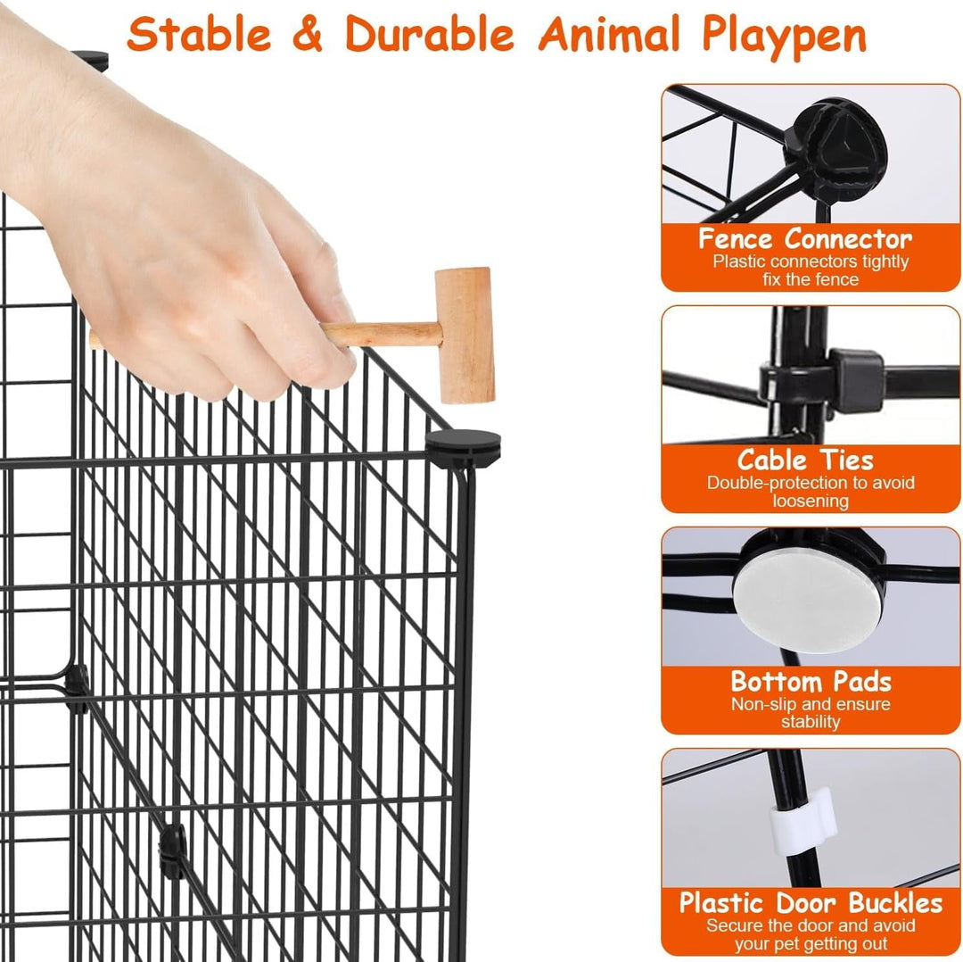 Small Animal Pet Playpen with Door, DIY Wire Portable Yard Fence for Rabbit, Guinea Pig Cages, Puppy, Kitten Playpen for Indoor & Outdoor Portable Metal Wire Yard Fence, 12 Pcs Black Pet Panels
