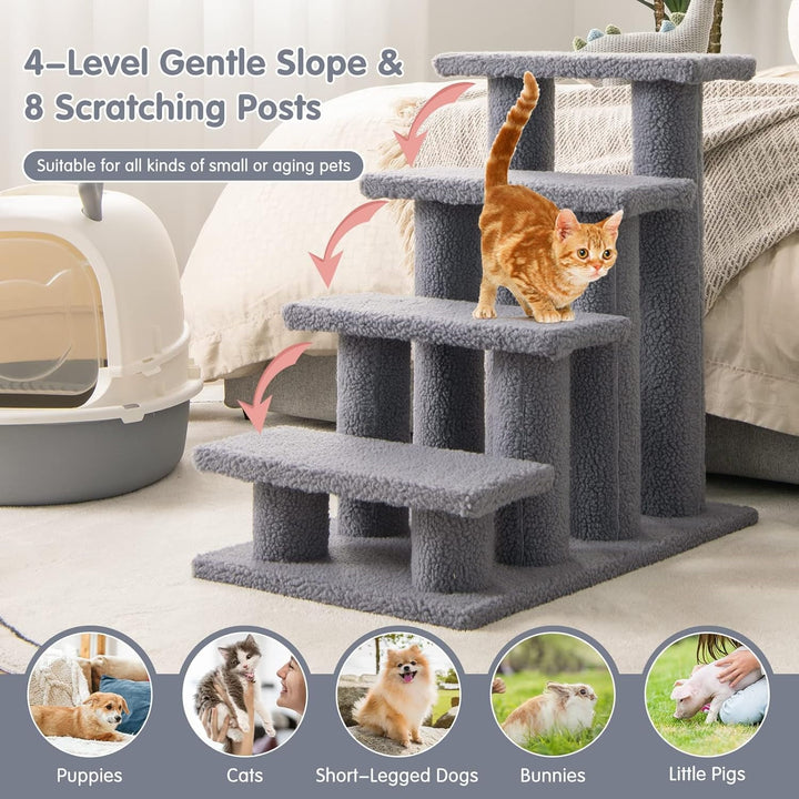 KYUTR Pet Stairs for Cats and Dogs, 4-Step Carpeted Ladder Ramp Cat Climber Cat Scratching Post, Multi-Step Dog Stairs for High Beds, Couch (Grey)