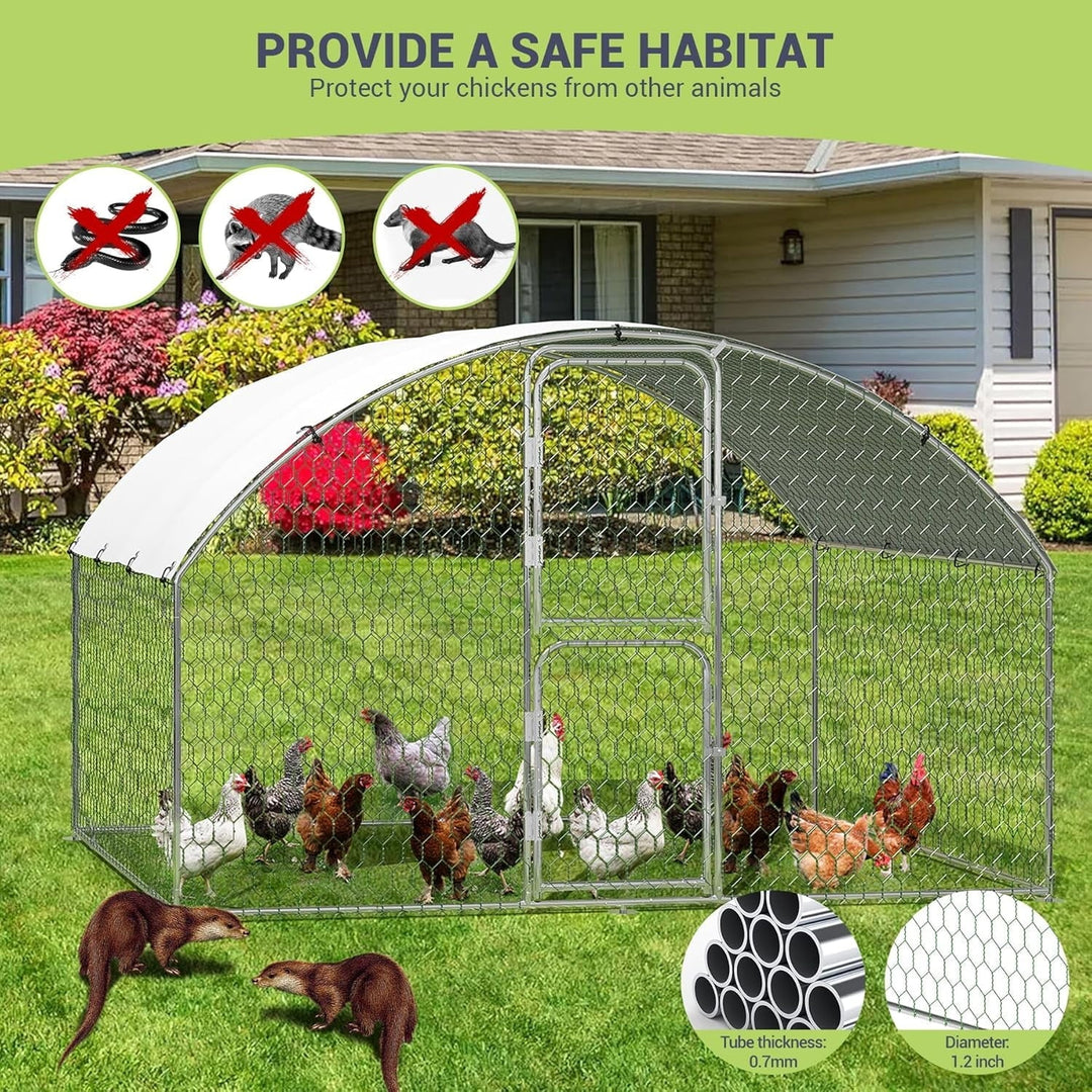 Pinypikaka Metal Chicken Coop, 9.8' x 6.5' x 6.5' Large Chicken Coop with Double Door & Waterproof Cover, Walk-in Poultry Cage with Run, Doom Roof Duck Rabbit House for Outdoor Backyard Farm