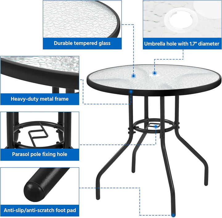 YYEAN  27.4'' Patio Bistro Table Round Outdoor Coffee Table, Round Tempered Glass Top with 1.7'' Umbrella Hole, Iron Frame for Balcony Backyard Lawn and Garden
