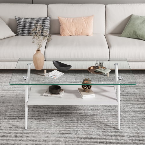 Modern Rectangle Tempered Glass Coffee Table with White Metal Legs - 38.6"L x 22.8"W x 17.3"H, White MDF Shelf, Living Room Center Table