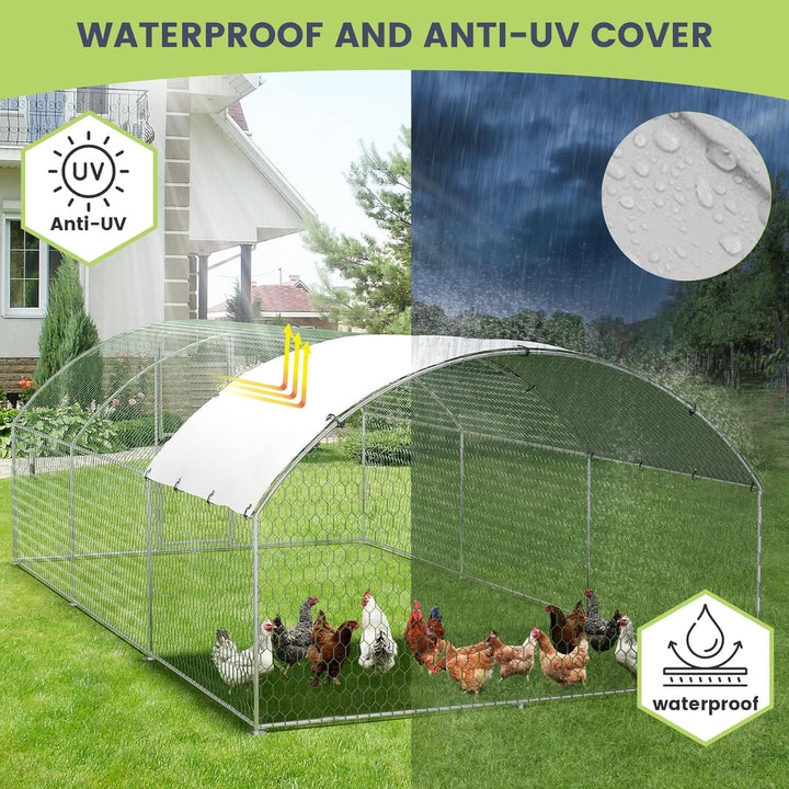 Lumiparty Extra Large Metal Chicken Coop, Walking Poultry Cage Hen Run House Rabbits Habitat Cage Coops, with Waterproof and Anti-Ultraviolet Cover for Backyard Farm, Silver