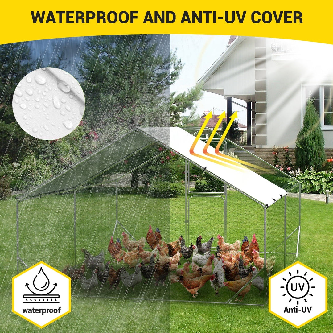 Lumiparty Large Metal Chicken Coop, Walking Poultry Cage Hen Run House Rabbits Habitat Cage Spire Shaped Coops, with Waterproof and Anti-Ultraviolet Cover for Backyard Farm, Silver