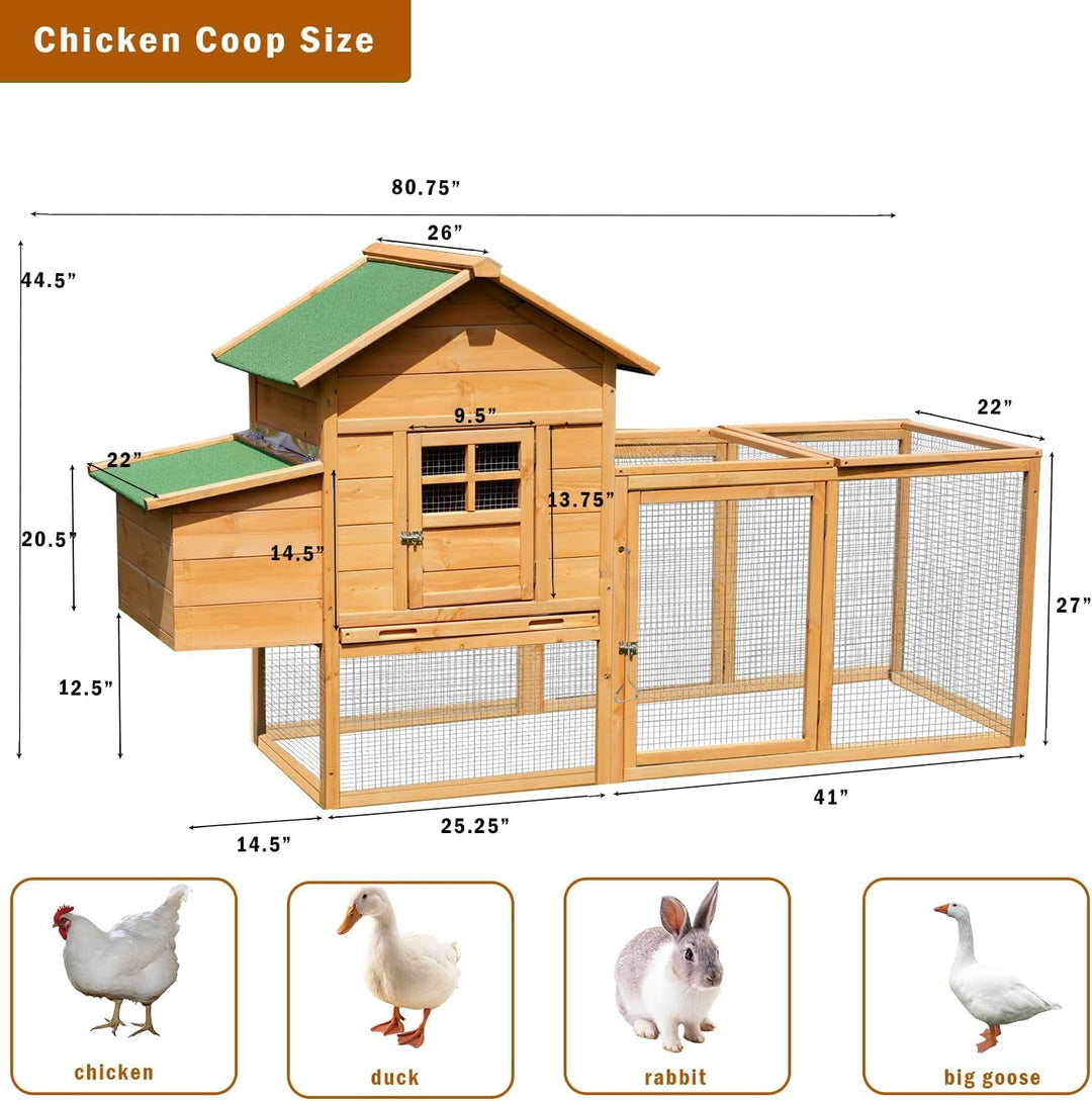 80'' Large Chicken Coop with Nesting Box,Wooden Hen House for 2-4 Chickens,Outdoor Chicken House with Removable Tray,Run&Waterproof Roof,Duck Coop,Yard