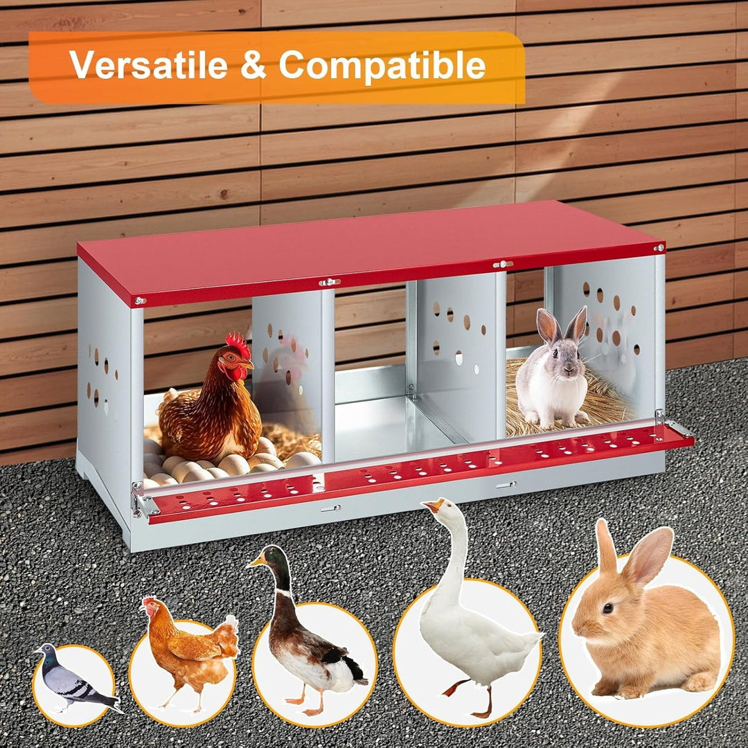 M optimized Chicken Nesting Boxes for Laying Eggs, Metal Chicken Nesting Box with Vented Holes and Swing Perch for Chicken Coop, Egg Laying Boxes for Chickens, Hens, Ducks, 3 Compartments