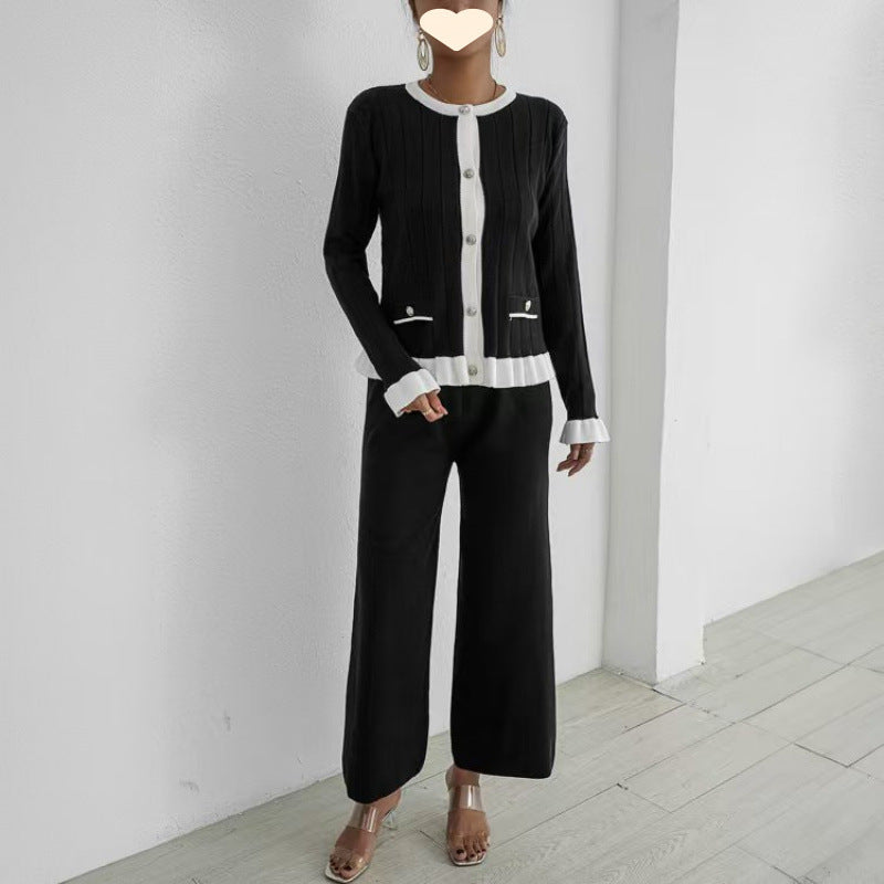 Flared Long Sleeve Knitted Cardigan Suit