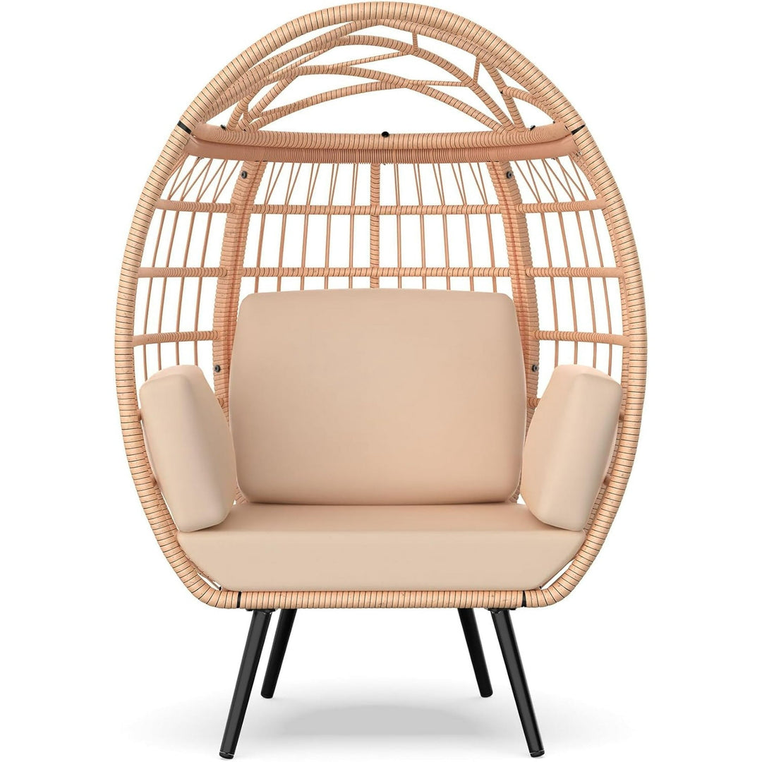 PNKKODW Wicker Standing Egg Chair w/ UV Cushions & Storage Bag, 370lb Capacity, Boho Egg Lounger for Indoor/Outdoor, Brown-Brown