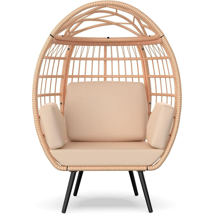 PNKKODW Wicker Standing Egg Chair w/ UV Cushions & Storage Bag, 370lb Capacity, Boho Egg Lounger for Indoor/Outdoor, Brown-Brown