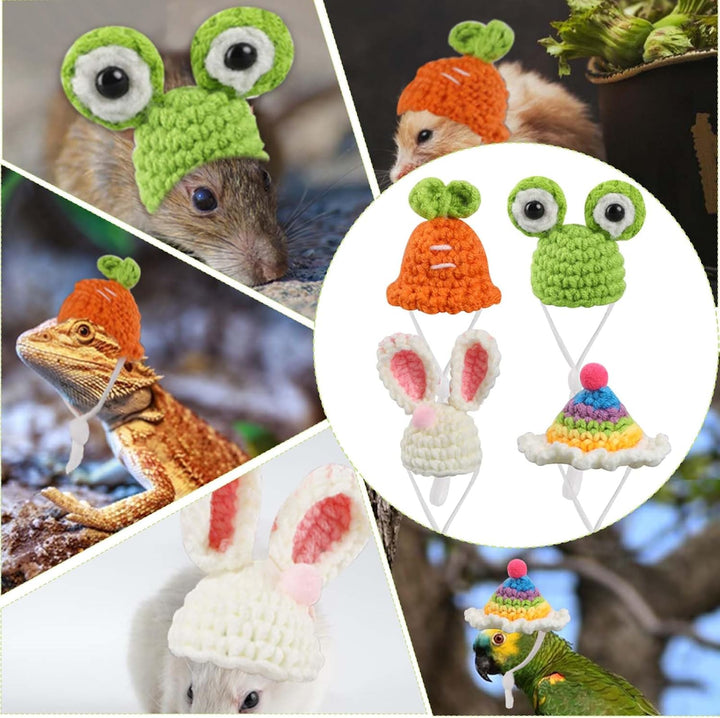 4Pcs Mini Hand Knitted Hats with Adjustable Strap, Small Animals Cute Hat Mini Hamster Hats for Guinea Pig Pets Holiday Party Costume Accessories