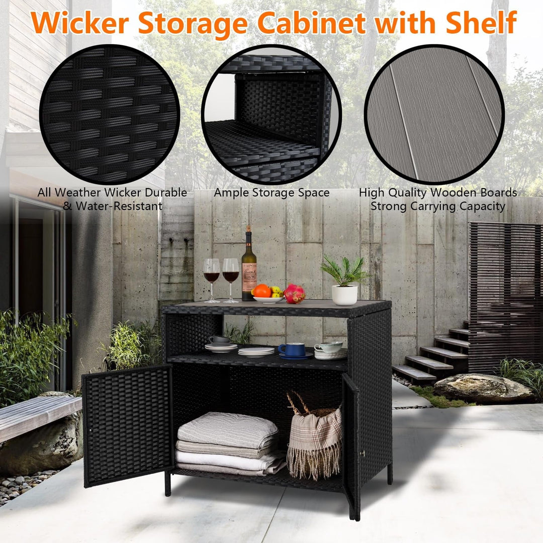 Outdoor Storage Cabinet with Doors, Weatherproof Wicker Patio Storage Box, Rattan Bar Table for Poolside, Backyard & Garden