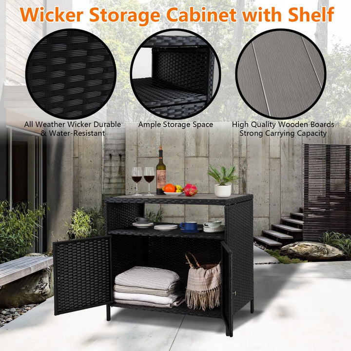 Outdoor Storage Cabinet with Doors, Weatherproof Wicker Patio Storage Box, Rattan Bar Table for Poolside, Backyard & Garden