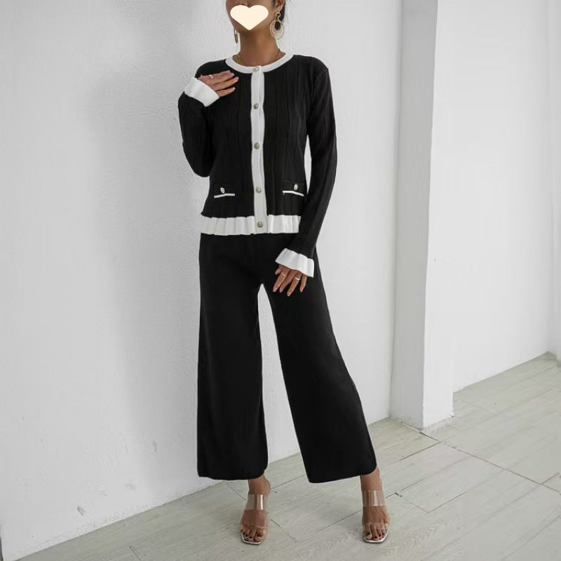 Flared Long Sleeve Knitted Cardigan Suit
