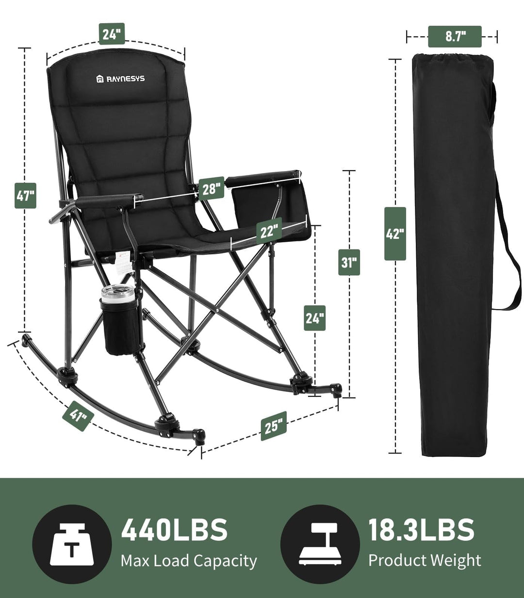 Raynesys Rocking Camping Chair Supports 440 LBS,Outdoor Rocking Chair with Cup Holder & Side Pocket for Patio Lawn,Black