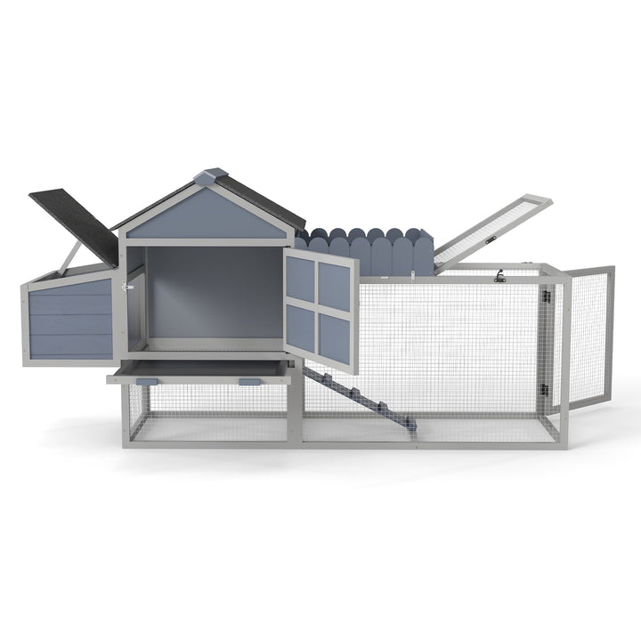 80" Outdoor Wood Chicken Coop, 2-Tier Hen House with Nesting Box, Resting Area, Run, Planter, Openable PVC Roof, Doors, Easy-to-Clean Tray, Backyard Patio Poultry Habitat, Gray
