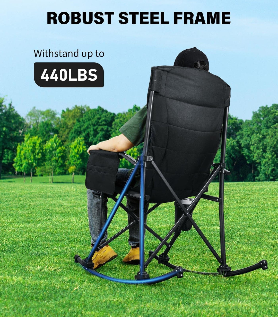 Raynesys Rocking Camping Chair Supports 440 LBS,Outdoor Rocking Chair with Cup Holder & Side Pocket for Patio Lawn,Black