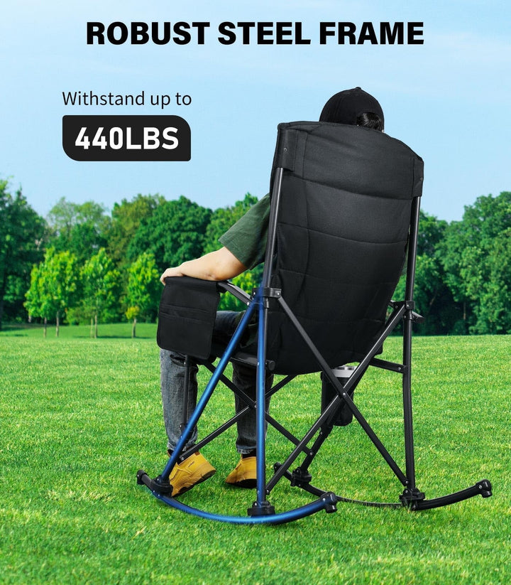 Raynesys Rocking Camping Chair Supports 440 LBS,Outdoor Rocking Chair with Cup Holder & Side Pocket for Patio Lawn,Black