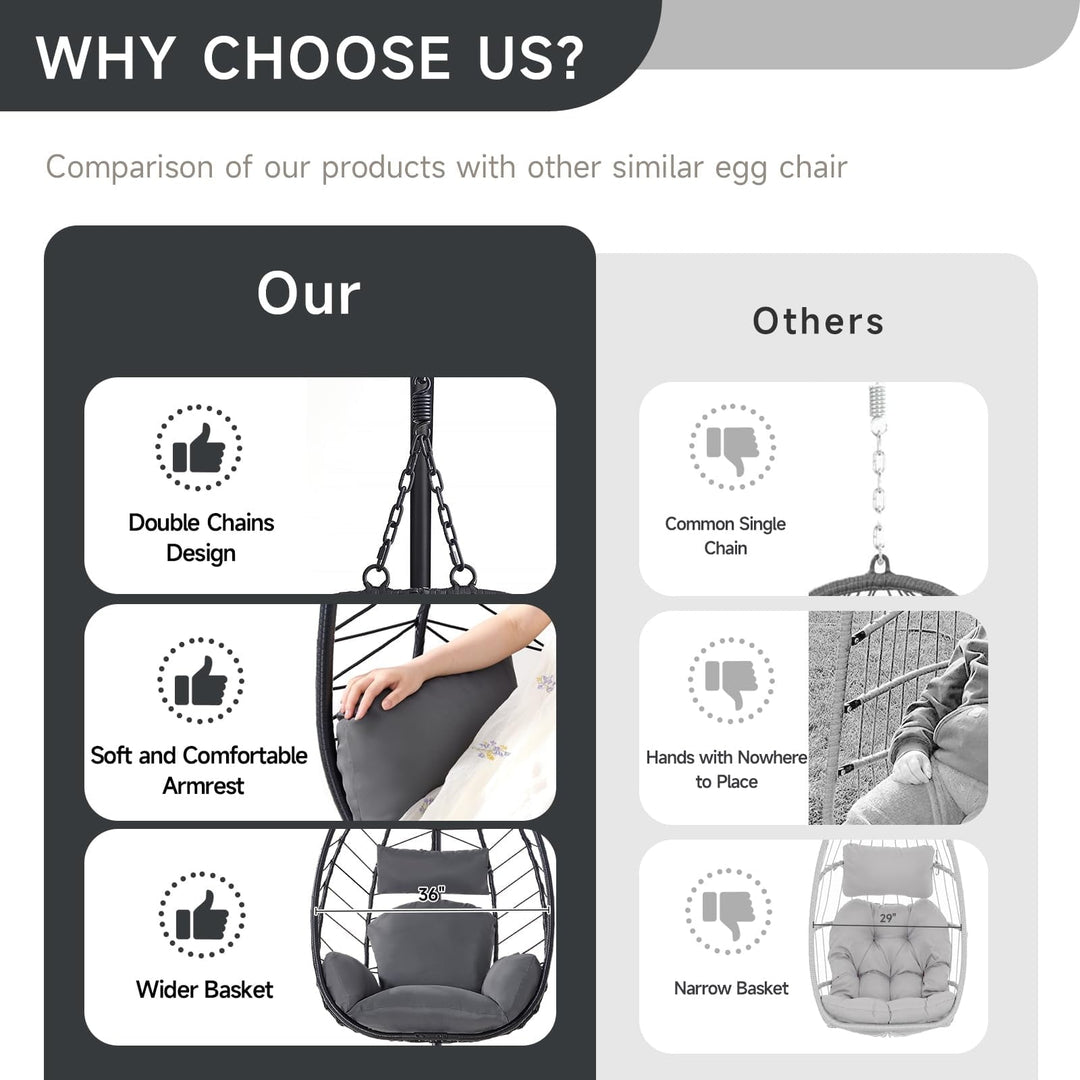 Onbrill Hanging Egg Chair with Stand, Outdoor Indoor Rattan Wicker Egg Swing Chair with Dual Chains, Dark Gray