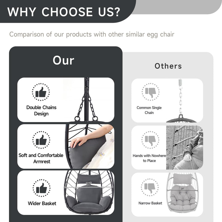 Onbrill Hanging Egg Chair with Stand, Outdoor Indoor Rattan Wicker Egg Swing Chair with Dual Chains, Dark Gray