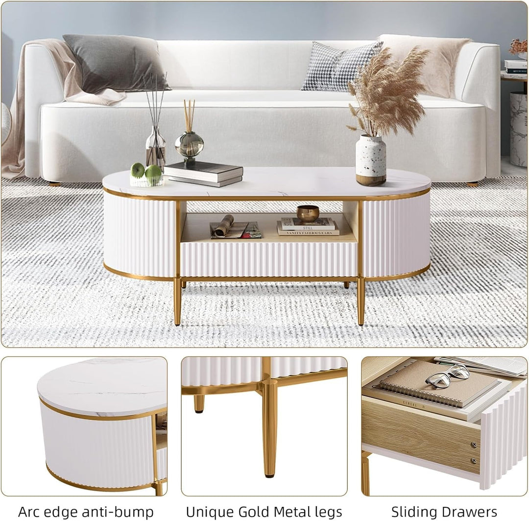 Modern Fluted Coffee Table, 48'' Modern Oval Coffee Table with Drawer, Faux Marble Top, Curved Profile Center Table with Storage, Gold Metal Decor, Center Table for Living Room, White