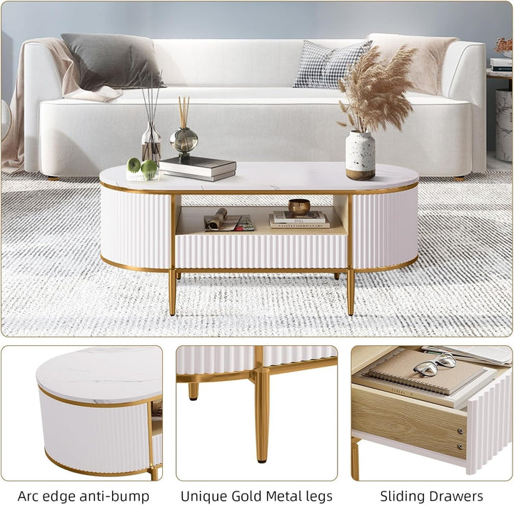 Modern Fluted Coffee Table, 48'' Modern Oval Coffee Table with Drawer, Faux Marble Top, Curved Profile Center Table with Storage, Gold Metal Decor, Center Table for Living Room, White