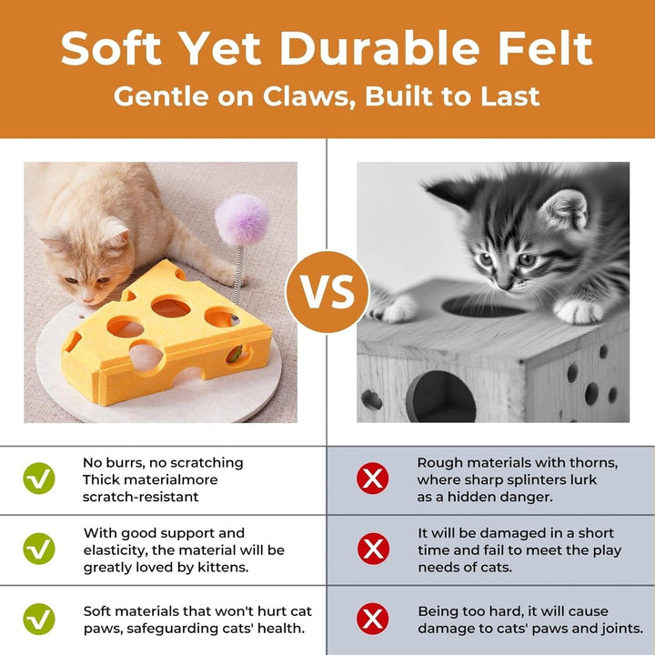 Cat Puzzle Toy with Balls & Spring Teaser – Felt Cat Toy Box for Indoor Cats, Suction Cup Base, Treat Puzzle for Solo Play, Mental Stimulation, Self Play, Hunting & Enrichment (Yellow)