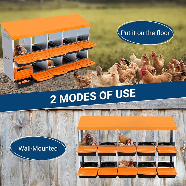Chicken Nesting Box, 10 Compartments Nesting Boxes for Chickens, Chicken Laying Boxes, Roll Away Nesting Box for Chickens Laying Egg with Lid Cover to Protect Eggs