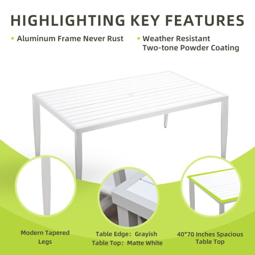 Rectangle Dining Table with Tapered Feet & Umbrella Hole, Matte White+ Grayish Outdoor Patio Aluminum 40"x70" Two-tone Table Top