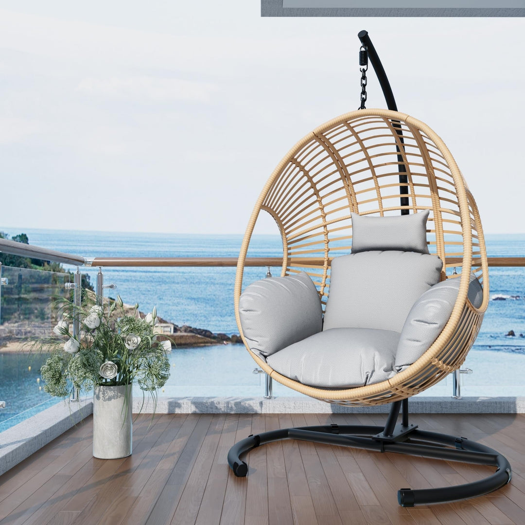 TQKVIPI Oversized Hanging Egg Chair Outdoor Indoor, Wicker Swing Egg Chair with Stand  Rain Cover UV Resistant Cushion 400lbs Capacity for Bedroom, Patio, Garden and Balcony (Beige-Regular)